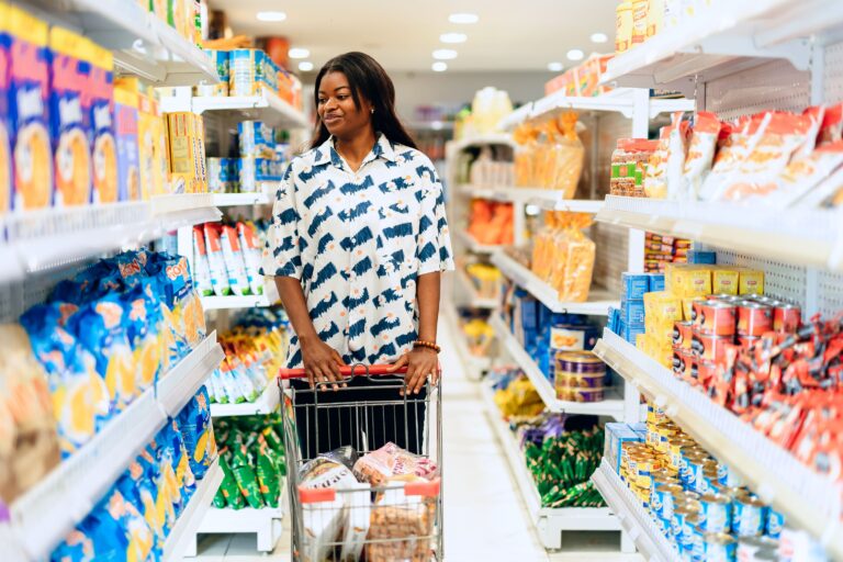 Shopper pushing a cart through a grocery store as food companies assess changing consumer spending linked to GLP-1 weight-loss medications.