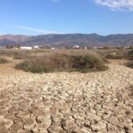 Dry cracked earth stretching toward distant mountains under a clear sky, showing the effects of drought and water scarcity