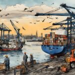 Illustration of dock workers watching a fully loaded container ship dock at a busy port at sunset, representing global supply chain resilience