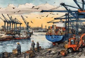 Illustration of dock workers watching a fully loaded container ship dock at a busy port at sunset, representing global supply chain resilience