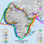 Map of submarine internet cables connecting Africa, Europe, and the Middle East, showing routes, capacity, and landing stations