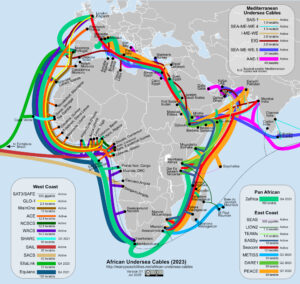 Map of submarine internet cables connecting Africa, Europe, and the Middle East, showing routes, capacity, and landing stations