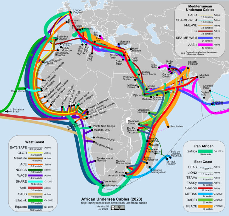 Map of submarine internet cables connecting Africa, Europe, and the Middle East, showing routes, capacity, and landing stations