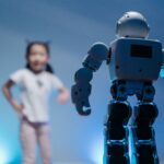 Autonomous AI agent represented by a humanoid robot with a human in the background