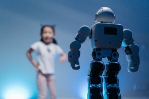 Autonomous AI agent represented by a humanoid robot with a human in the background