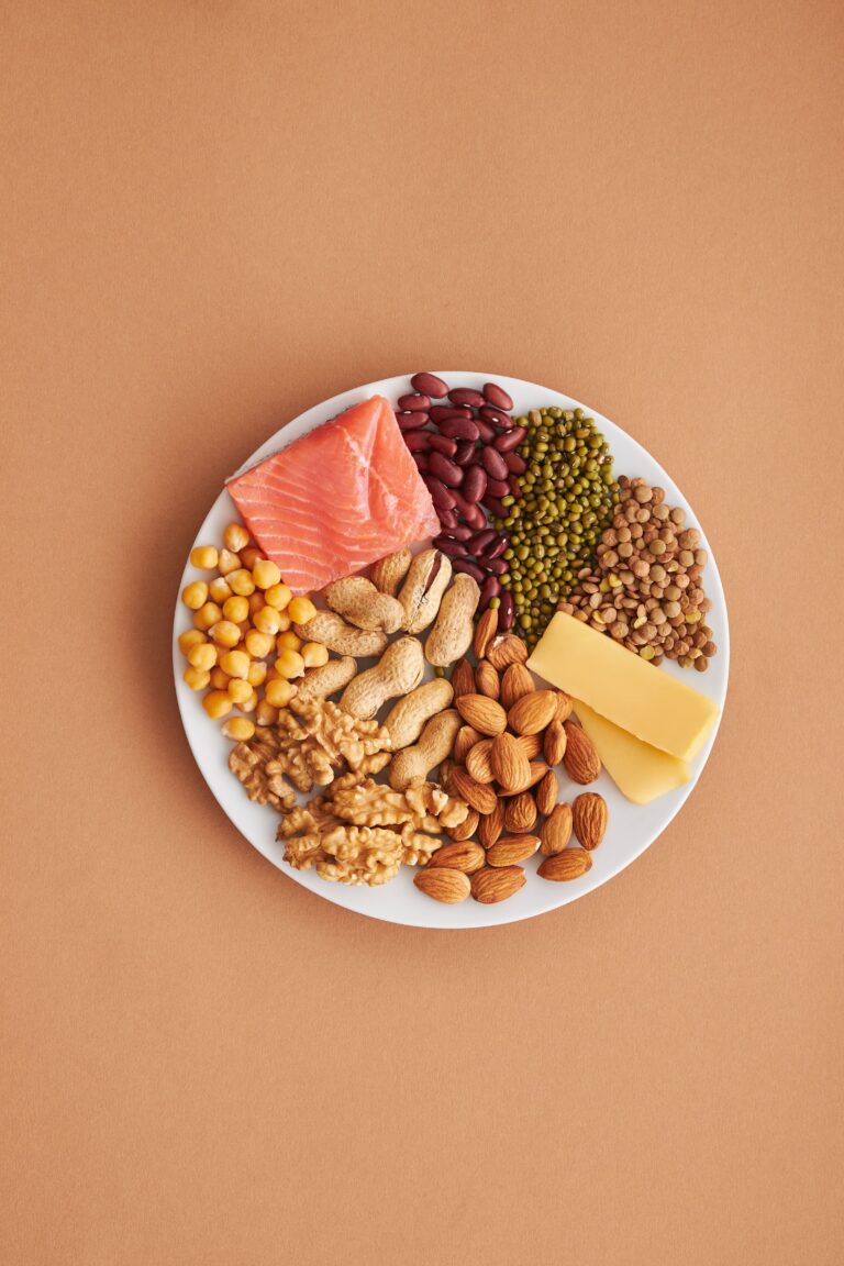Plate showing salmon, beans, lentils, chickpeas, nuts and cheese as protein-rich foods