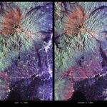 False-color satellite images of Mount Pinatubo showing the landscape after the 1991 volcanic eruption