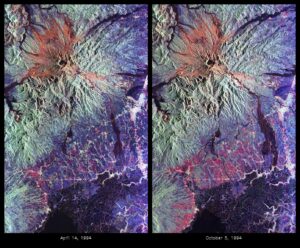 False-color satellite images of Mount Pinatubo showing the landscape after the 1991 volcanic eruption
