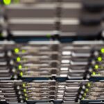 Rows of high-performance computing servers in a data center