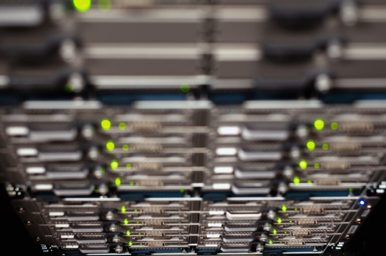 Rows of high-performance computing servers in a data center