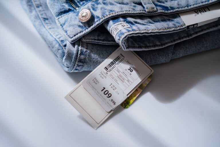 Retail price tag attached to a pair of jeans