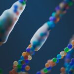 Abstract visualization of DNA strands representing genetic data and privacy