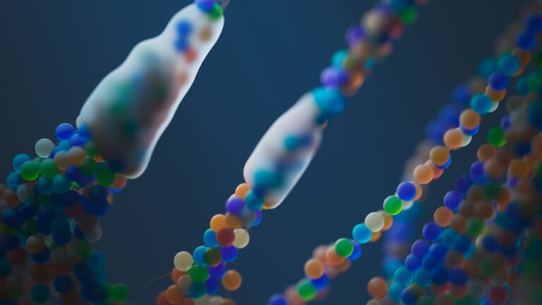Abstract visualization of DNA strands representing genetic data and privacy