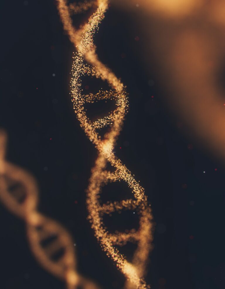 Golden DNA double helix representing consumer genetic testing and hidden biological family connections